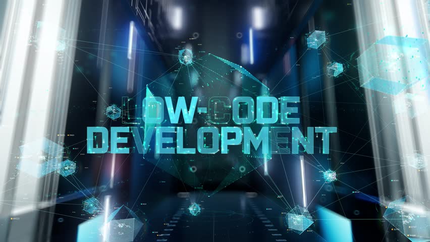 Low-code development. Man in Futuristic Office Interior Moving and Activating Hologram.