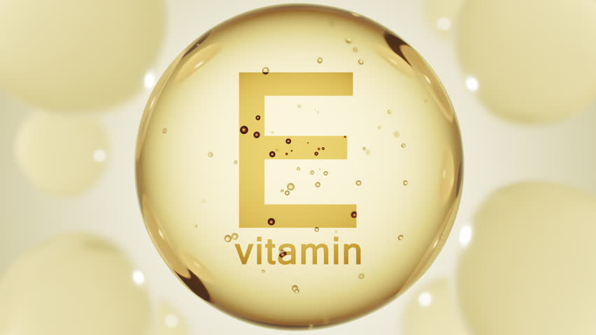 Drop water serum with vitamin E or Tocopherol. Vitamins complex with molecule atom. Nutrition skin care cosmetics concept