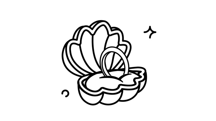 Animated A simple line drawing of a ring nestled inside an open seashell.  Clean and elegant design.