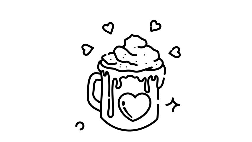 Animated A cute line art illustration of a hot chocolate mug with whipped cream and hearts.
