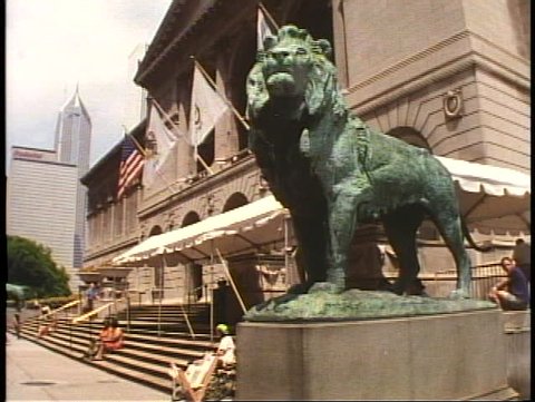 The Art Institute of Chicago, side angle with Lions in foreground, Chicago, Illinois