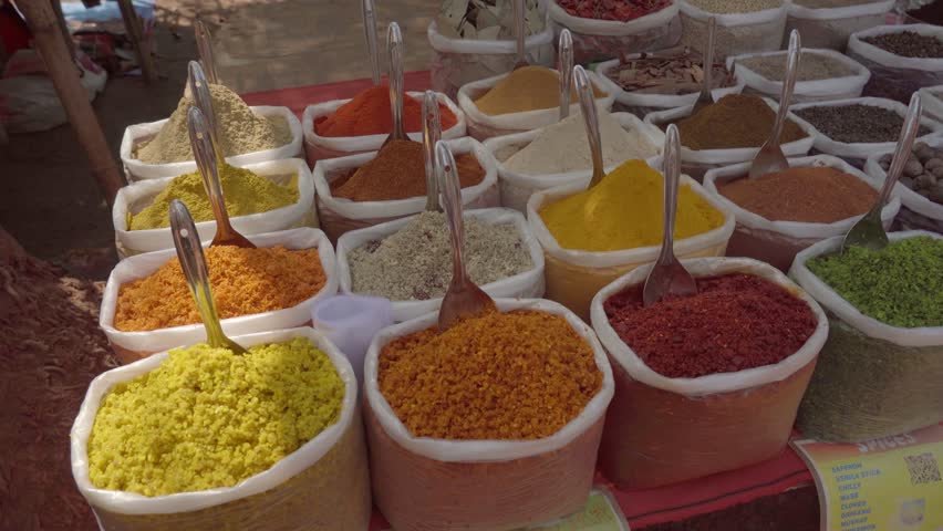 A counter with Indian spices. India, Goa. November 12, 2024.