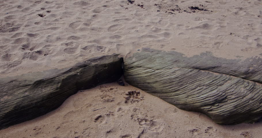 Pan across tightly packed layered sedimentary rock strata at Longhoughton beach of the howdiemony sands. Alnwick.