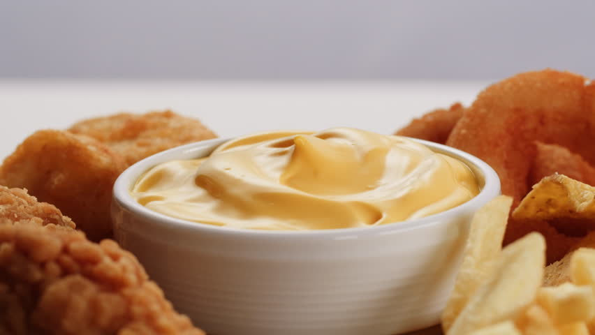Curry cheese lemon sauce close up, fast food cafe Pouring fries potato and fry chicken in mayo yellow creamy cheese sauce close-up. Eat chicken nuggets with Peruvian sauce. Fast and junk food concept.