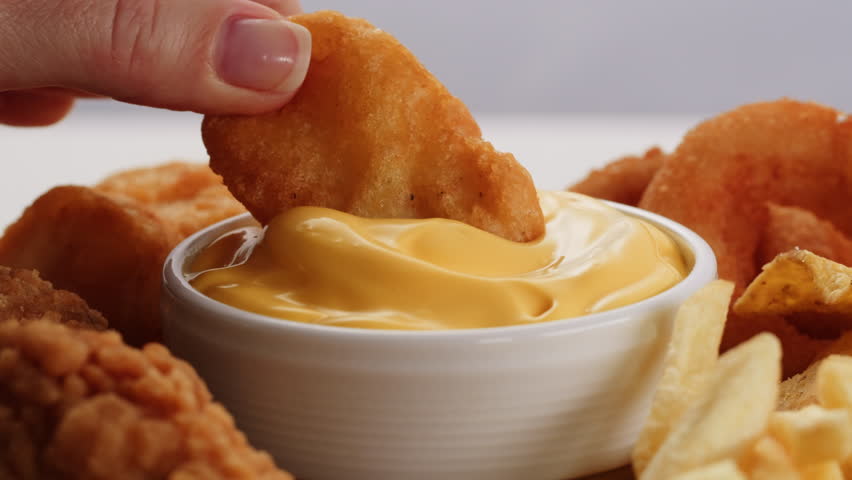 Curry cheese lemon sauce close up, fast food cafe Pouring fries potato and fry chicken in mayo yellow creamy cheese sauce close-up. Eat chicken nuggets with Peruvian sauce. Fast and junk food concept.