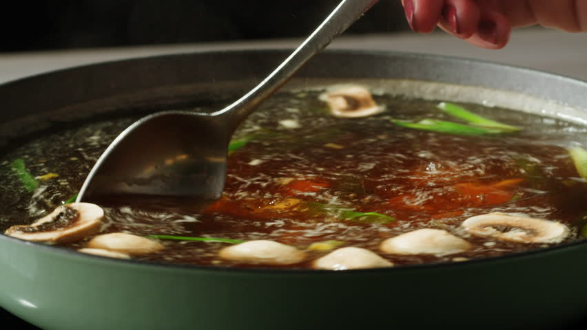 Japanese Ramen with Beef or chicken, rice noodles with fried meat, Tom Yam kung Spicy Thai asian soup, chef cooking in traditional korean chinese food. Close up of tasty korean cuisine. 