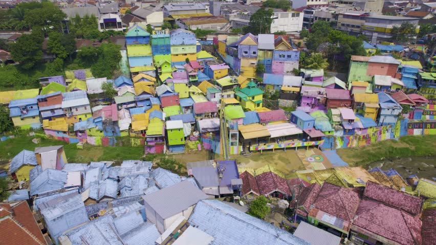 Aerial panoramic view of the rainbow village in Malang (Jodipan), Java, Indonesia