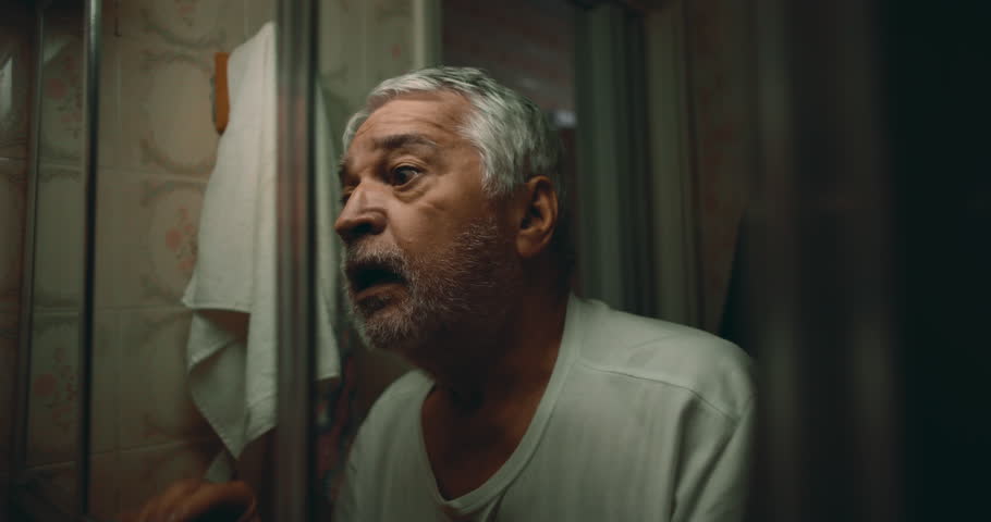 Man pressed against mirror with anguish, face twisted in fury and desperation, hands clawing at glass, embodying inner turmoil, raw emotion, and a dramatic cry for help