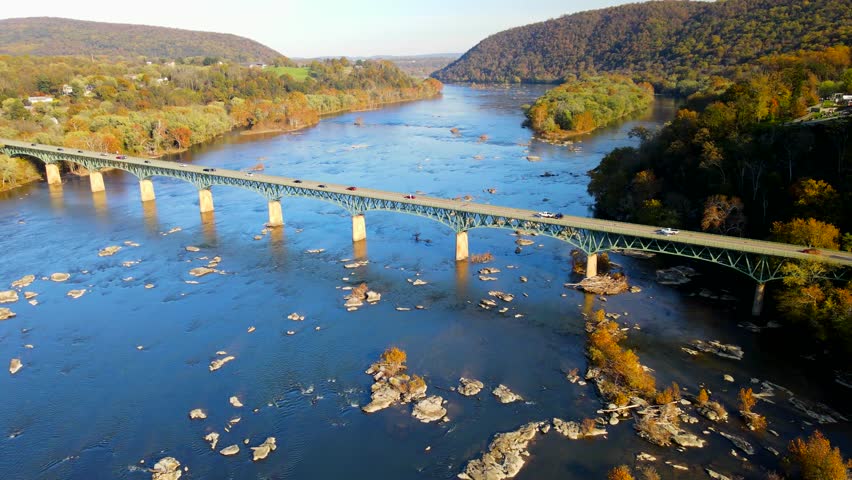 highway bridge over the Potomac River in Maryland. Autumn landscape. View from a drone.
