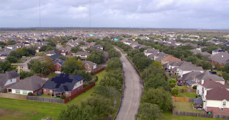 Aerial of suburban neighborhood in Missouri City just outside of Houston, Texas