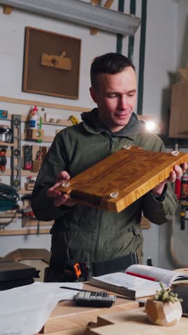 Male carpenter in carpentry shop checks the quality of a wood product. Young Caucasian carpenter in a carpentry shop checking a piece of furniture. Wooden furniture production, manual labor.