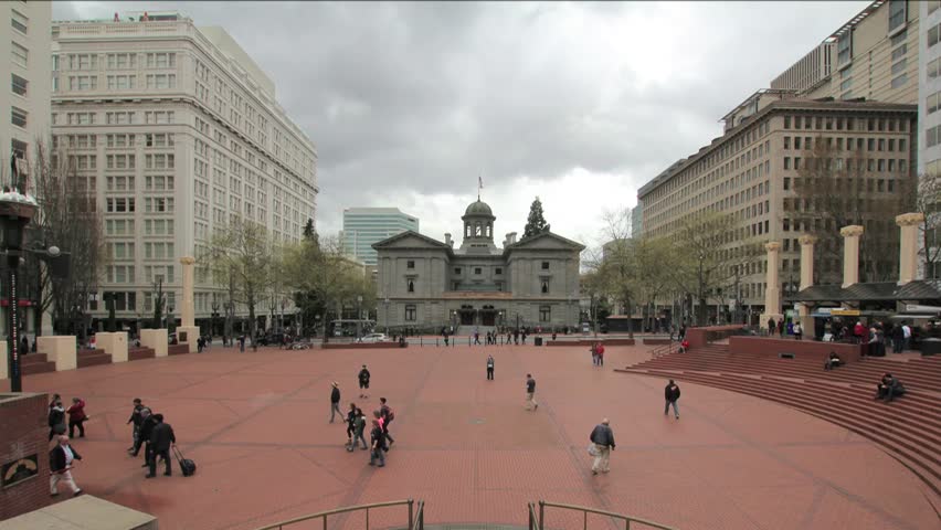 Pioneer Courthouse Square in Portland Oregon on a Cloudy Stormy Day Timelapse 1080p