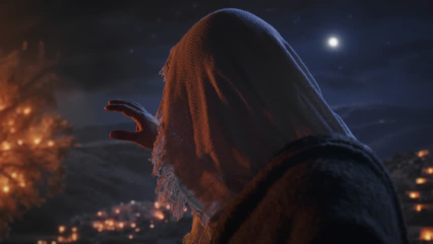 Moses Reaching Toward the Burning Bush Under a Starry Night Sky