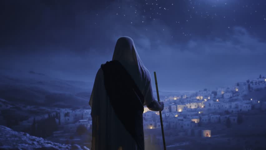 Robed Figure Overlooking Ancient Middle Eastern City At Night Spiritual Journey