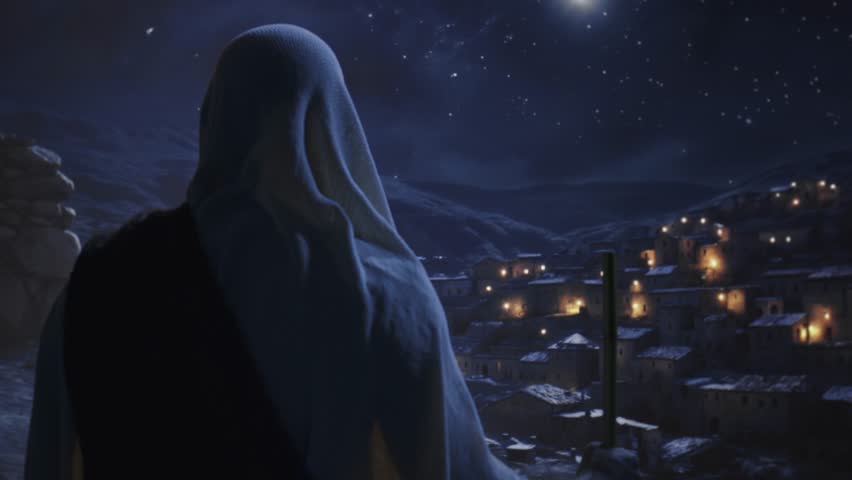 Hooded Figure Overlooking Peaceful Night Village Under Starry Mountain Sky Solitude Peace