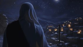 Hooded Figure Overlooking Peaceful Night Village Under Starry Mountain Sky Solitude Peace - Powered by Shutterstock - Get 15% off with code: PIKWIZARD15
