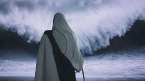 Mysterious Cloaked Figure Watches Stormy Ocean Waves Dark Moody Atmospheric Scene - Powered by Shutterstock - Get 15% off with code: PIKWIZARD15