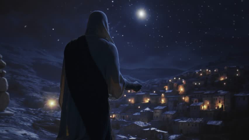 Hooded Figure Overlooking Snowy Village At Night Winter Mountain Mystery