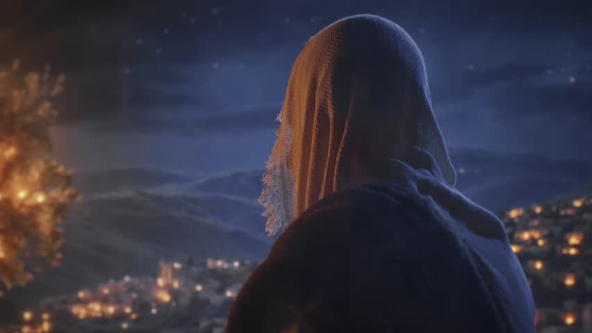 Moses Interacting With the Burning Bush Amidst a Mysterious Night Setting