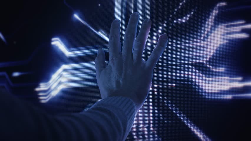 Human Hand Touching Digital Interface Future Technology Concept Hologram Navigation