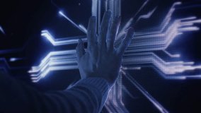 Human Hand Touching Digital Interface Future Technology Concept Hologram Navigation - Powered by Shutterstock - Get 15% off with code: PIKWIZARD15