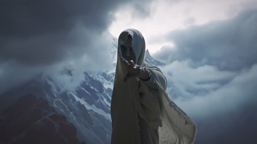 Mysterious Cloaked Figure Standing In Snowy Mountain Peak Dark Fantasy Adventure