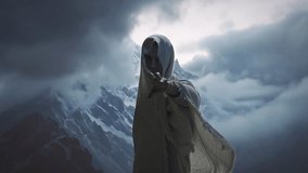 Mysterious Cloaked Figure Standing In Snowy Mountain Peak Dark Fantasy Adventure - Powered by Shutterstock - Get 15% off with code: PIKWIZARD15