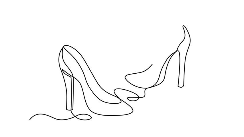 Elegant stiletto heeled boat shoes, animated self drawing of single continuous line, continuous contour movement, video drawing of line in 4k, abstract style, women shoes, high heel, one line