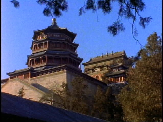 CHINA, 1999, Beijing. The Summer Palace, Pagoda high on hill, medium shot