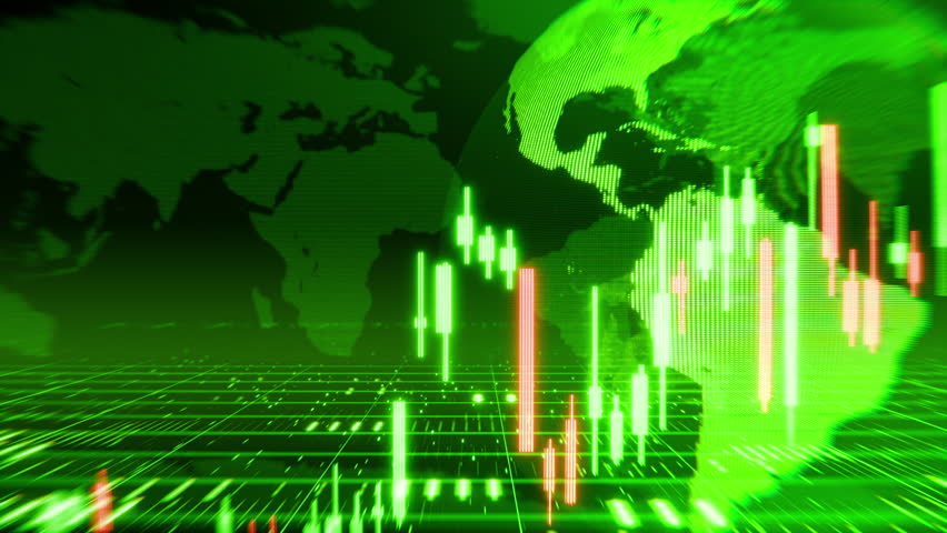 global stock market trends depicted with a green world map. Suitable for financial presentations, news articles, and market analysis reports.