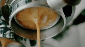 4K coffee extraction with bottomless portafilter,Pouring coffee stream from professional machine in cup. Barista man making double espresso, using filter holder. - Powered by Shutterstock - Get 15% off with code: PIKWIZARD15