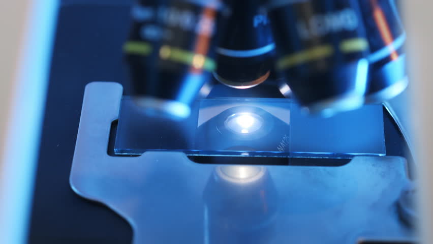 Close up of pipette placing a sample drop on a microscope slide under objective lens with bright illumination in laboratory environment. Scientific analysis and preparation.