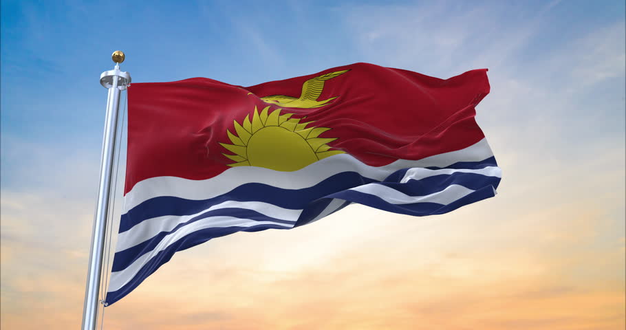 Flag of Kiribati realistic waving in the wind with sundown background (Perfect Loop)