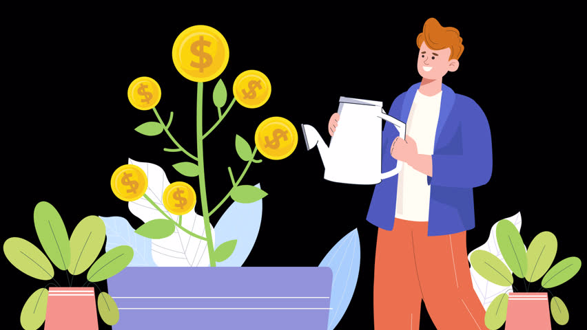 A flat vector animation explaining investment strategies and stock trading, using simple visuals to demonstrate how investors interact with the market and make informed decisions.