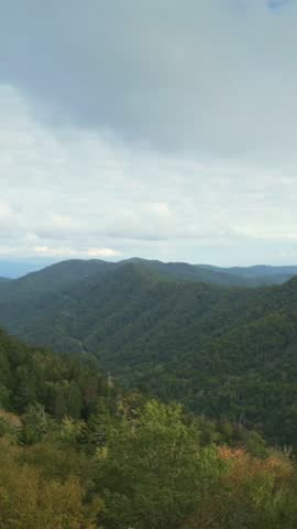 Vertical screen Lush Green Expansive View of Smoky Mountains Valleys, USA sweeping landscape Smoky Mountains with lush green valleys dense forests under cloudy sky, showcasing region