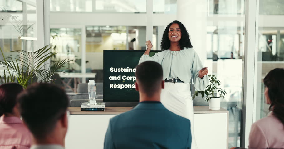 Business people, presentation and group with screen for sustainability, training or coaching as team. Speaker, technology and communication for corporate responsibility, office or innovation strategy