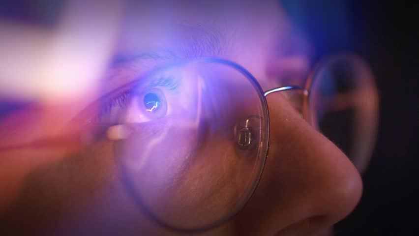 Close Up Eye With Glasses In Neon Light Technology Vision Future Digital