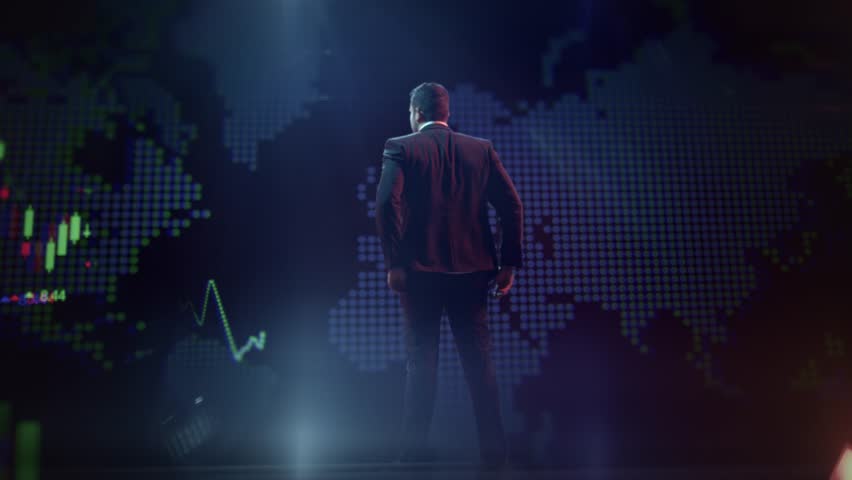 Business Professional Standing Before Financial Data Charts Market Analysis Investment