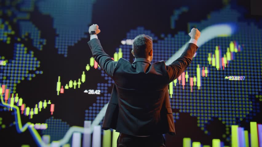 Successful Business Trader Celebrating Stock Market Growth Financial Success Investment Win