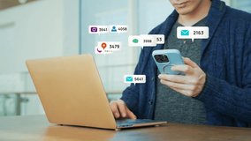 Social media concept with man using smartphone and laptop - Powered by Shutterstock - Get 15% off with code: PIKWIZARD15