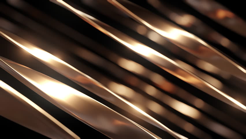 Close-up view of glowing golden metallic stripes with dynamic light reflections, creating a luxurious and futuristic abstract design.