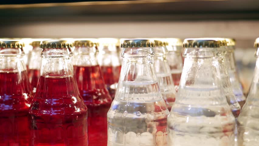 Close-up of Bottled Juices in Refrigerator Display, Brightly Lit in Grocery Store