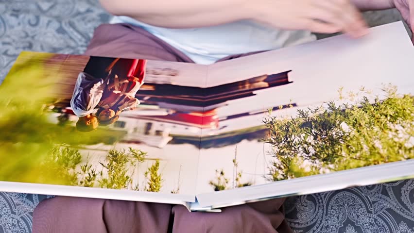 A woman is holding and flipping through a photo book with a pregnancy photo shoot. Save photos of an important event in photos. professional printing and printing.