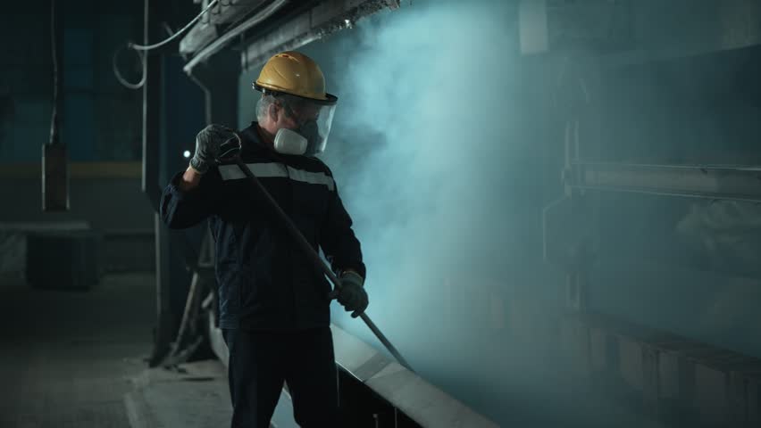 The man works in the chemical industry. Hazardous production, and the process of galvanizing products. Dangerous work in the factory.