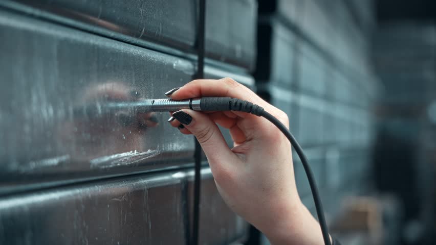 Quality control of metal products using an ultrasonic thickness gauge. Checking the thickness of the galvanized coating on steel parts.