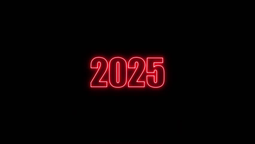 Neon rolling 2025 text with confetti animation in HD on alpha background for a celebratory effect.