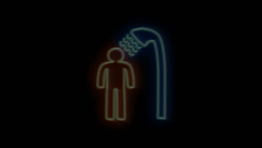 The blinking neon light of a public information icon on a black background.