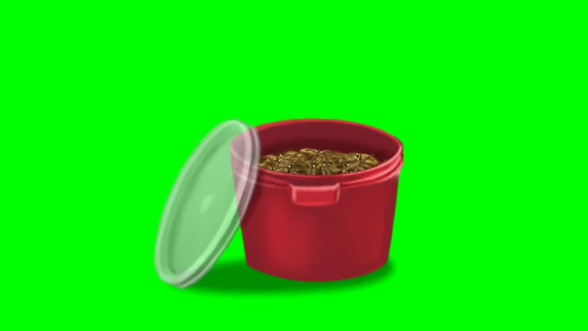 2d animated cartoon character of A small red container filled with worms or mealworms or grubs and fishing baits from which a human hand takes a worm. in green screen background chroma key.