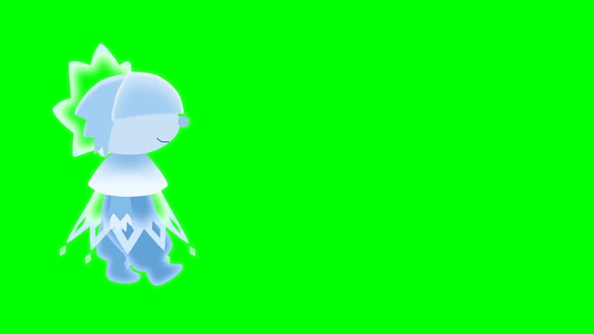 2d animated character of A little girl made of ice and magical cold is shiny in her hand and does magic like angels . in green screen background chroma key.