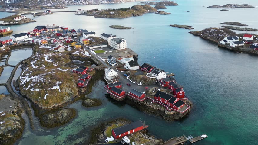 Norwegian architecture, red houses, fishing village